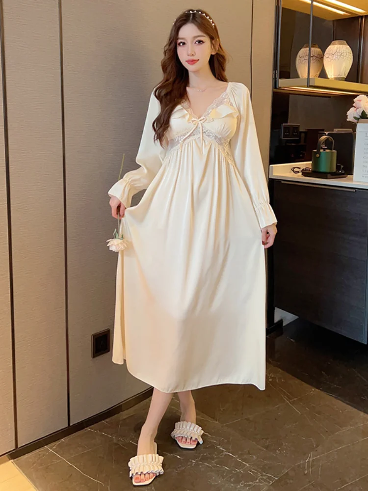 

Women's Clothing New Home Furnishings Long Sleeves Nightdress Sexy Lace V-Neck Bow Long Skirt Dress Fashion