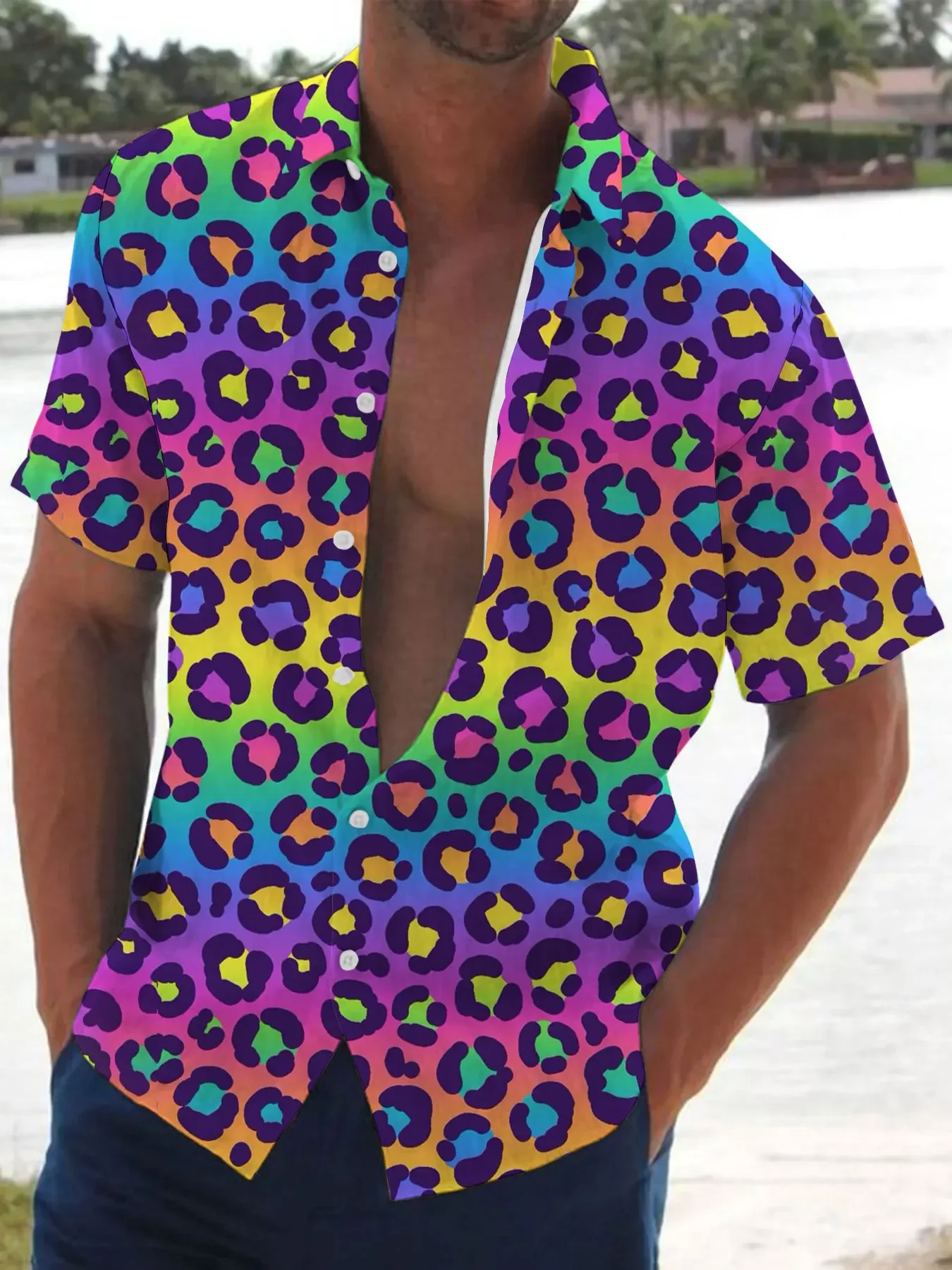

Men's Summer Hawaiian Shirts Vibrant Rainbow Leopard Print Short Sleeve Casual Button Down Beach Party Top