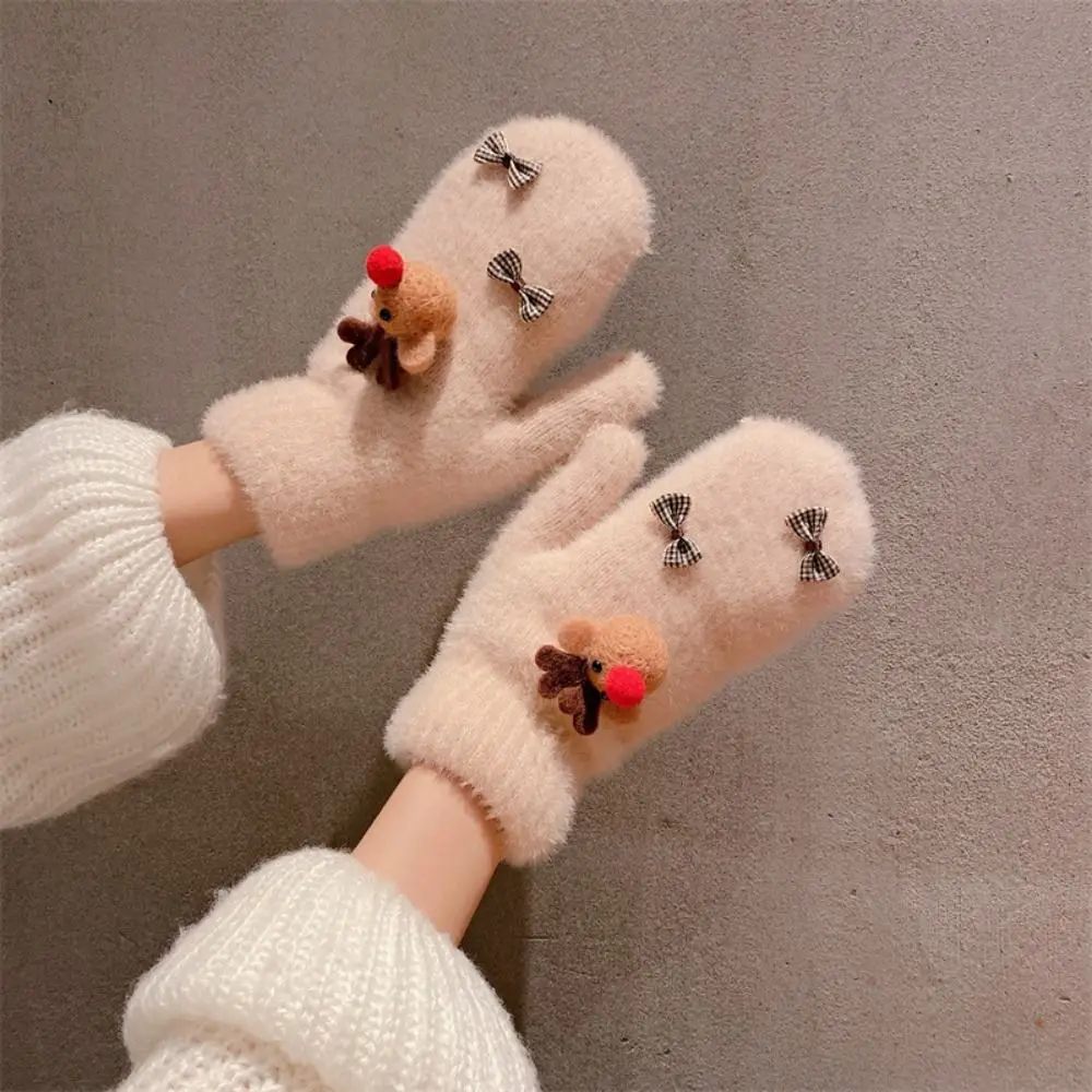 

Winter Warm Bow Plush Gloves Thicken Soft Student Knitted Gloves Bear Rabbit Cute Gloves Outdoor