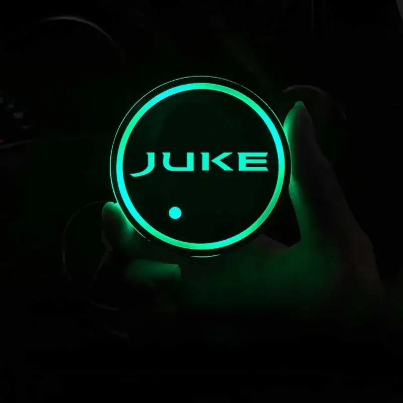 Pemegang minuman Coaster air mobil 7 warna dekorasi untuk Nissan Juke Logo alas cangkir otomatis bercahaya aksesori lampu suasana LED