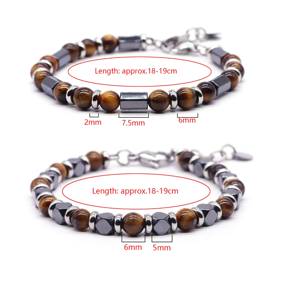 6MM Natural Stone Tiger Eye Stainless Steel Bracelet  Anti-Fatigue Magnetic Therapy Versatile Beaded Fashion Friendship Jewelry