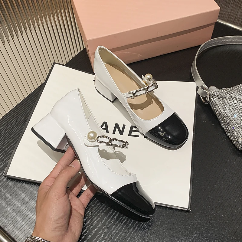 Mary Jane single shoes high-heeled women's shoes with pearl buckle retro small leather shoes