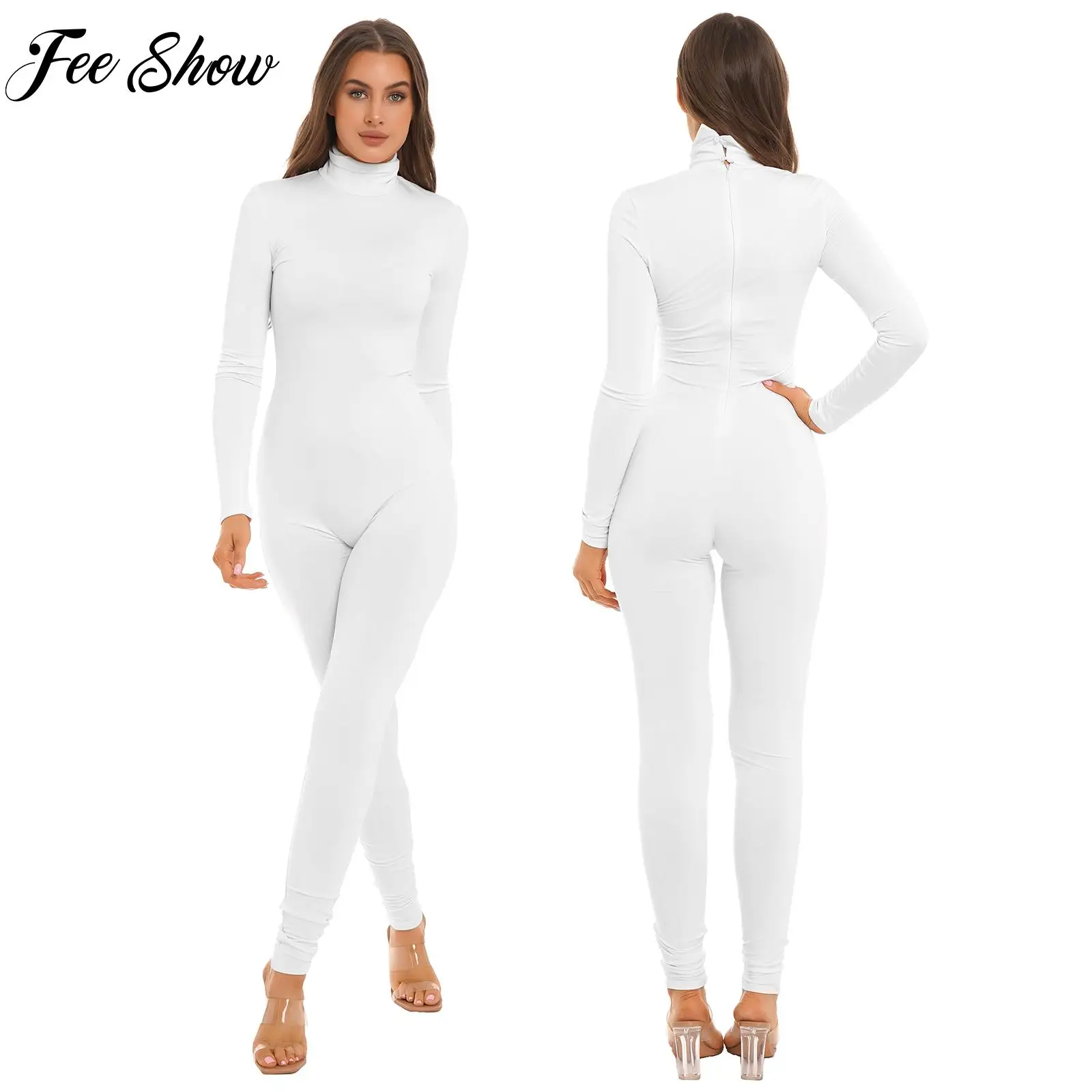 Vrouwen Effen Kleur Hoge Kraag Lange Mouwen Stretchy Lange Jumpsuit Bodysuit Voor Gym Yoga Fitness Workout Sport Fitness Jumpsuits