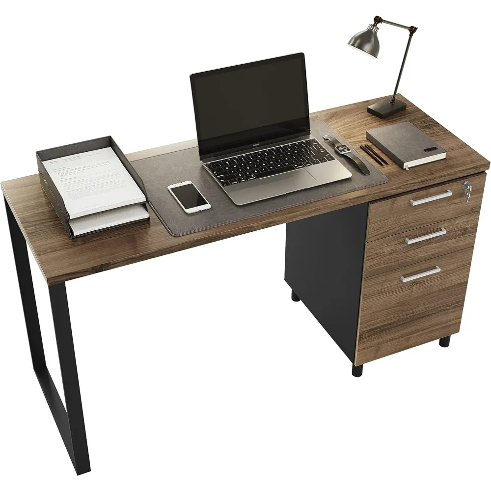 

-ForModern Office Computer Desk with 3 Locking Drawers, 48 Inch Walnut and Black Industrial Wood Desk with Filing Draw&