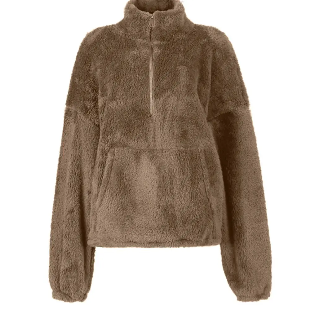 Suéter de cuello alto Sherpa para mujer, jersey de lana de peluche, Tops mullidos con cremallera 1/3, ropa de calle de invierno para mujer