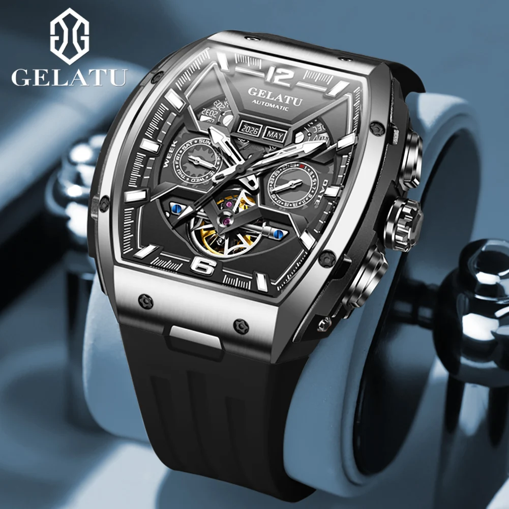 GELATU 6013 Men\'s Watches Multifunctional Calendar Skeleton Mechanical Watch Sapphire Mirror Automatic Watch for Men Fashion NEW