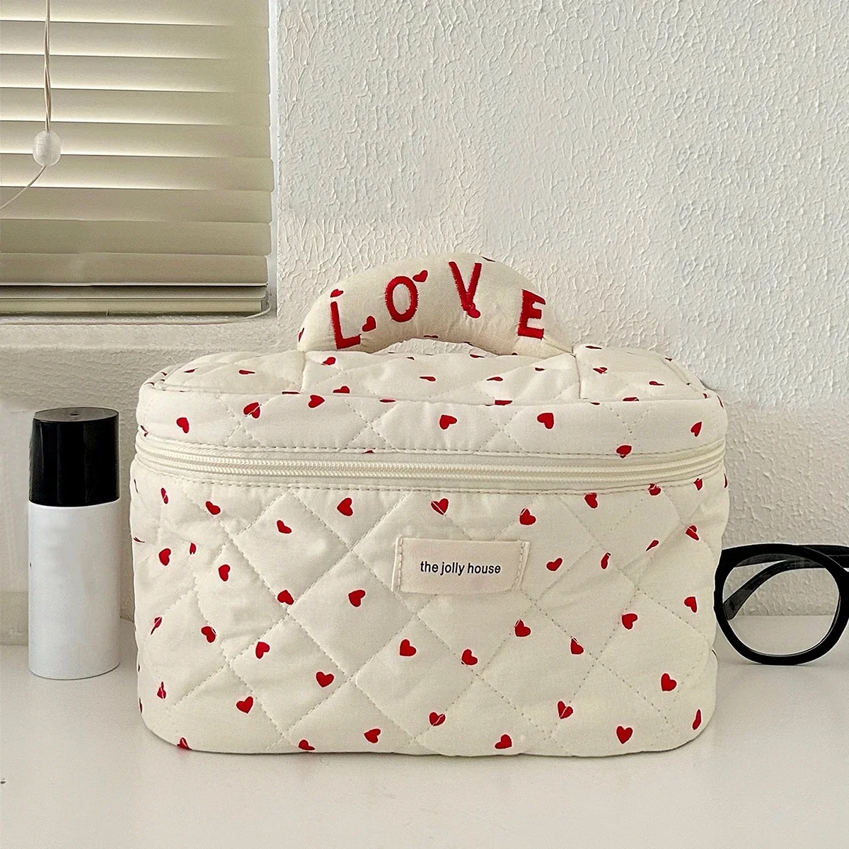 Simpatica borsa per il trucco in cotone trapuntato da donna con cerniera organizzatore cosmetico borsa da donna scatola di stoffa custodia da toilette portatile per ragazze