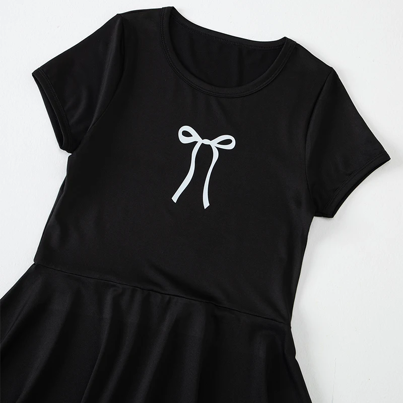 1/3-teiliges Mädchen-Sommerkleid, bequemes Freizeitkleid, süßes und niedliches Kleid mit Schleifendruck, Plissee-Kleid, Rundhals-Knielanger Rock – Detail 16