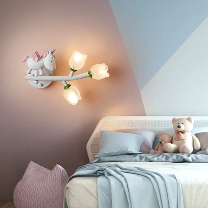 Children's Room Princess Room Bedside Wall Lamps Resin Girl Glass Flower Lamp LED Modern Warm Baby Room Girl Bedroom Wall Lights