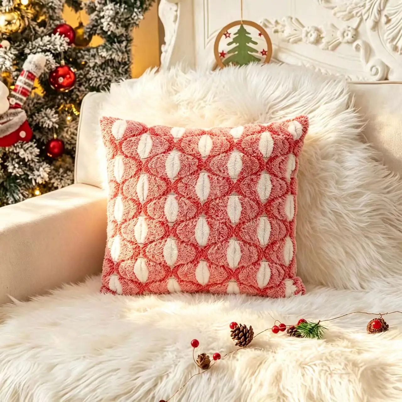1 Pack Christmas Plush Throw Pillow Cover 3D Leaf Embossed Square Cushion Case Soft Fuzzy Decorative Pillow Shell for Sofa Holid