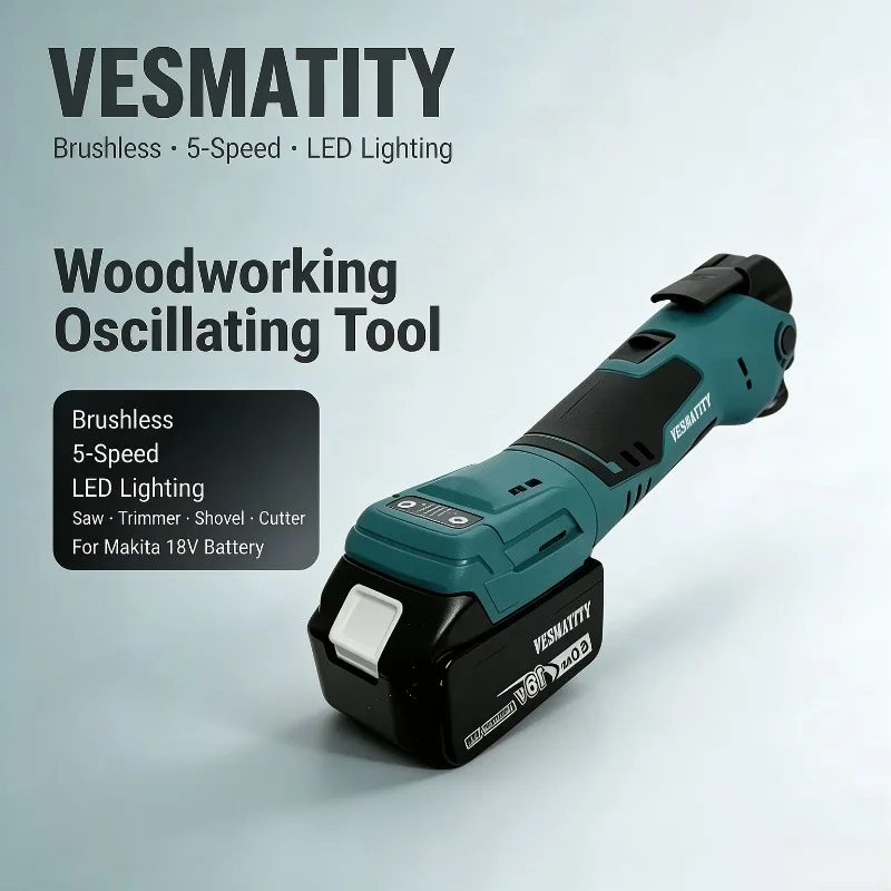 Woodworking Oscillating Tool Vesmatity Brushless Saw Trimmer Shovel Cutter 5-Speed LED Lighting For Makita 18V Battery