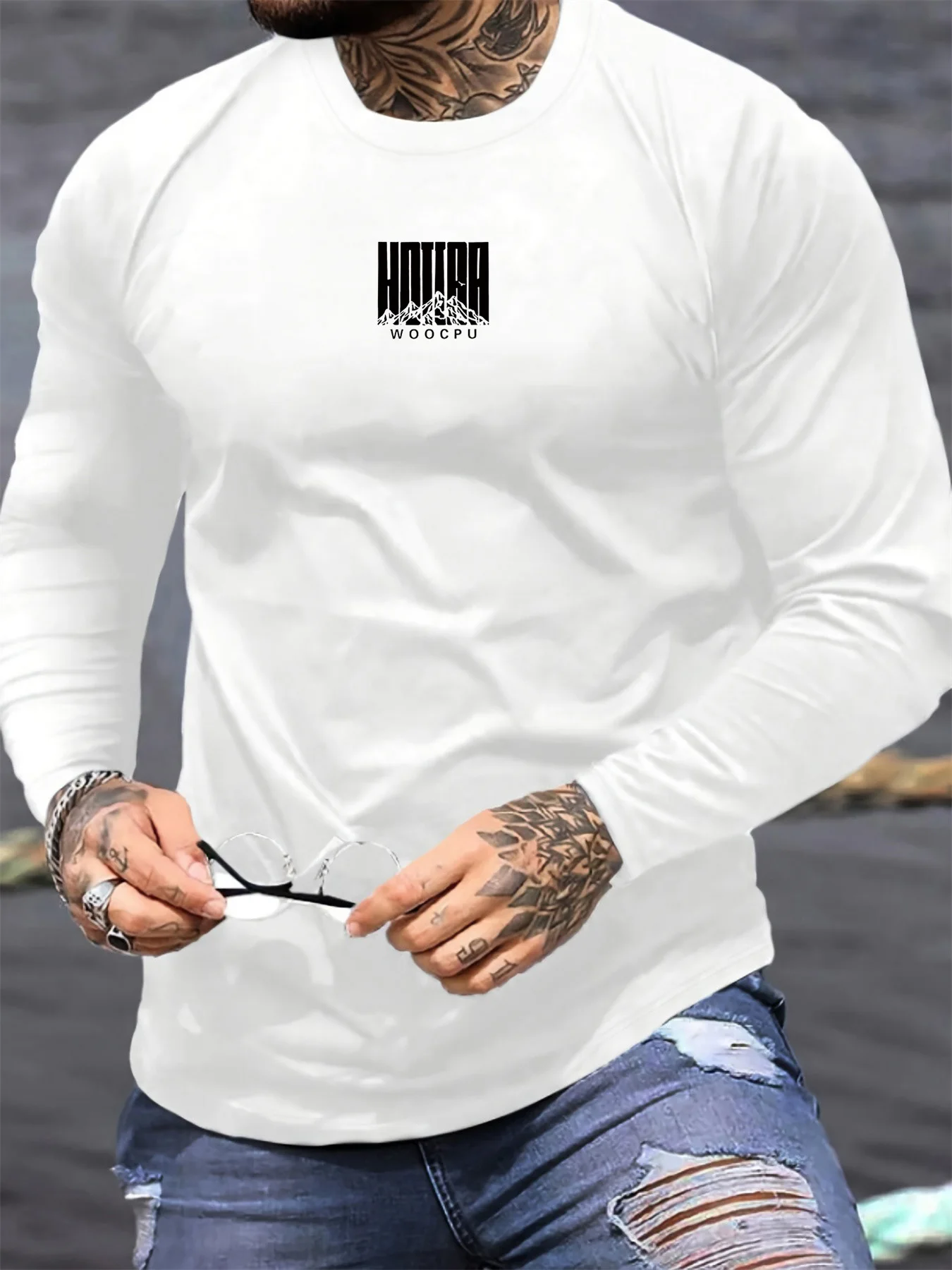 Men's Spring and Autumn 100% Cotton Comfortable and Casual WOOCPU Letter Pattern Printed Round Neck Long Sleeve T-shirt Top