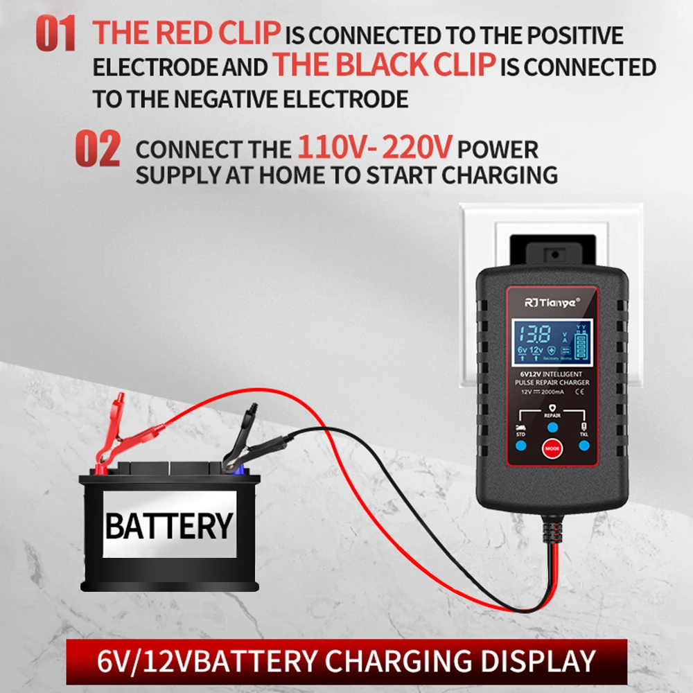 Smart Battery Charger For Motorcycle Lawn Mower Car Automatic Float Charger 6V 12V Switch ASE Adapter Cable Multiple Protections view 2
