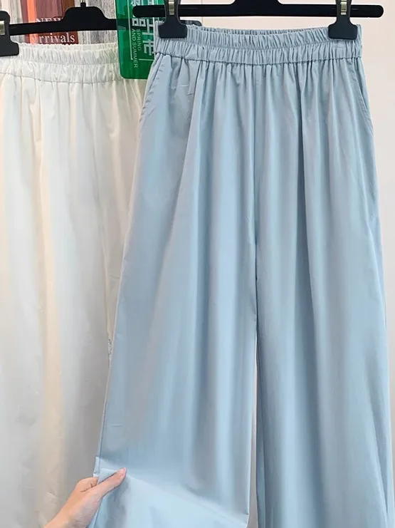 Ele High Waist Wide Leg Pants Women's Summer New Artistic Casual Straight Leg Pants Lace Trim Airy Comfortable Cotton Linen