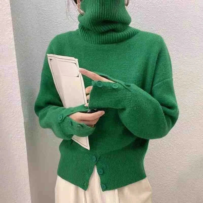 

Turtleneck Knit Sweater Pullover Women Long Sleeve Buttons Down Slit Elegant Solid Vintage Knitwear Top Female Autumn Pullover