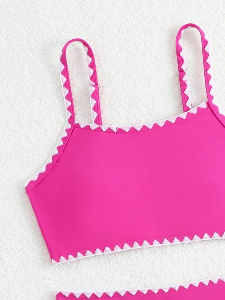 Bikini Girls Kids Swimsuit 2026 New Pink Sling Children Swimwear Summer High Waist Mesh Three Piece Beach Cover Up Bathing Suits - view 3