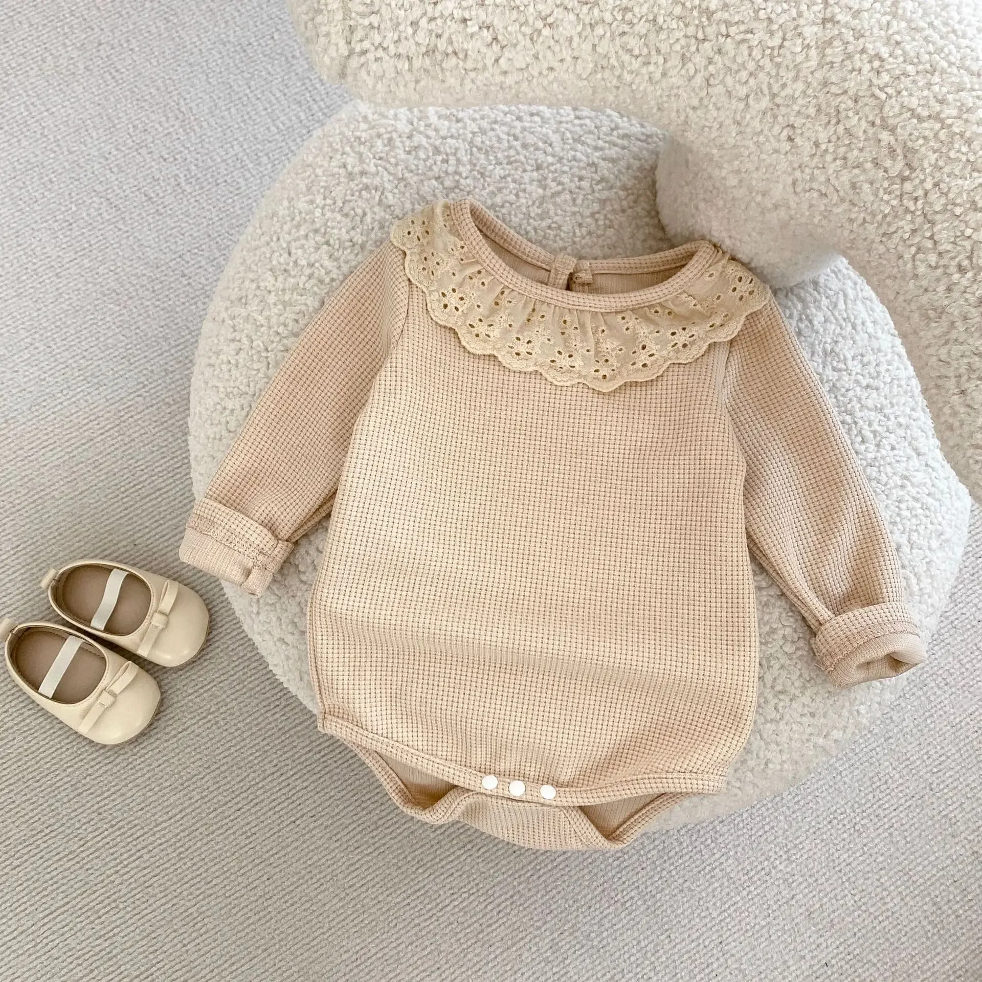 

Girl Romper Autumn New Baby Lace Round Neck Long Sleeves Knitting Jumpsuit Solid Casual Simple Fashion Sweet Korean Vintage Cute