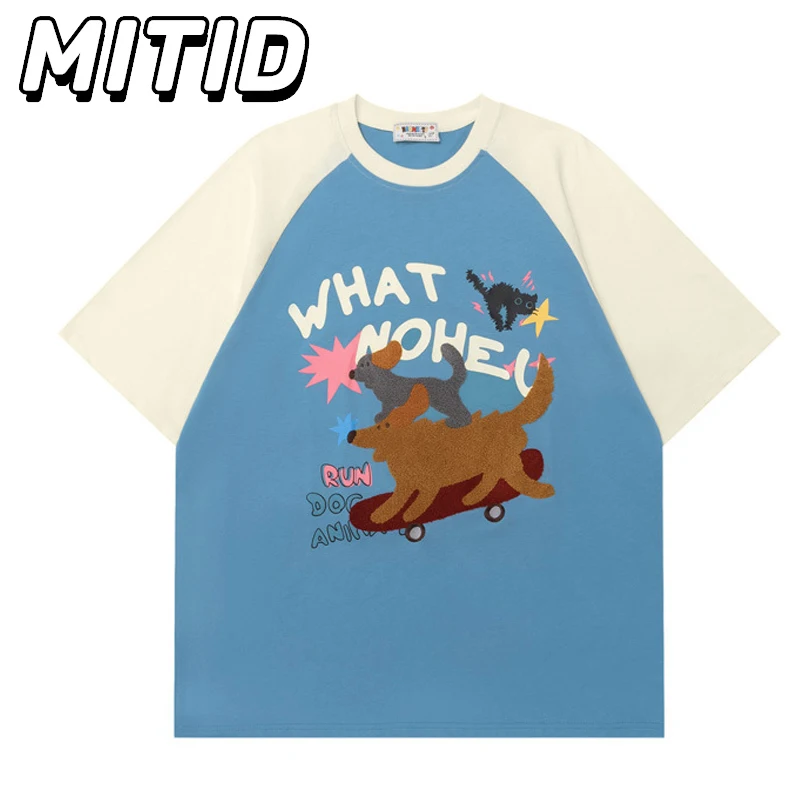 

New Summer Mens T-shirts Japanese Streetwear Patchwork Animal Printed Graphic Tees Fashion Couple O-neck Short Sleeve T Shirts