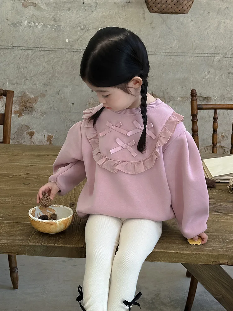 2024 Autumn New Girls Bow Sweatshirt Solid Children Long Sleeve Lace Tops Cotton Baby Girls Loose Casual Pullover Kids Clothes