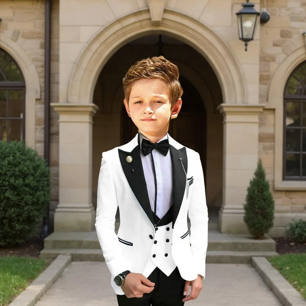 

Boys 3 Pieces Wedding Suits Peaked Lapel Formal Blazer Jacket with Vest Pants Kids Tuxedo Morden Fit Child Suit for 3-16 Years