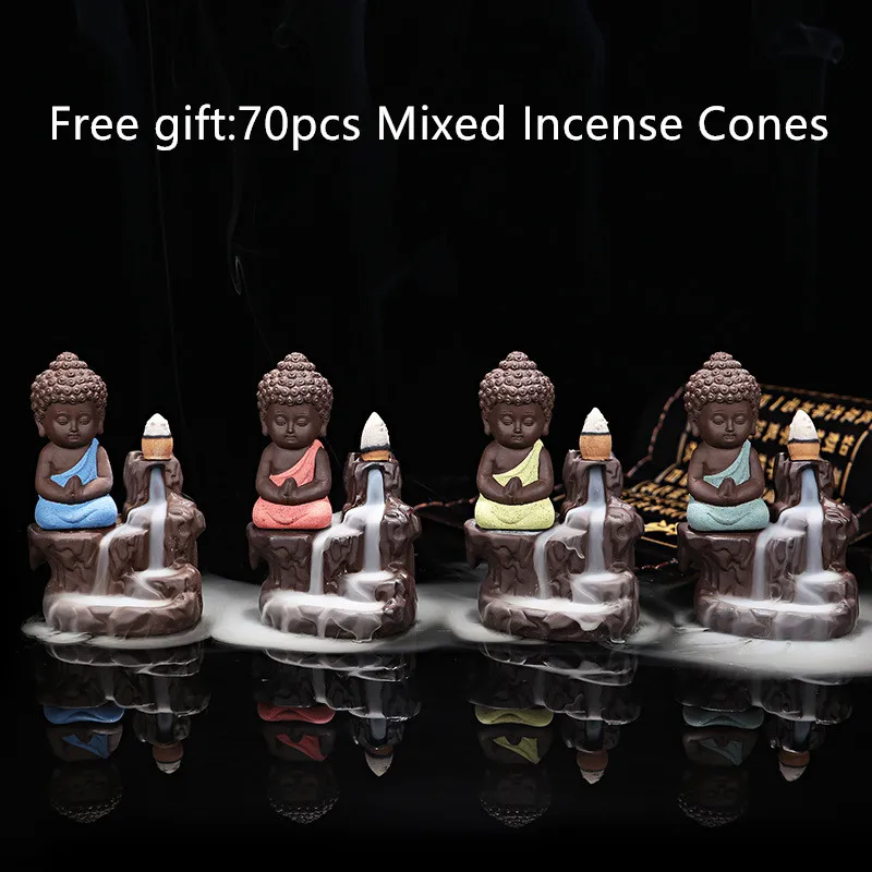 With 70pcs incense cones The Little Monk Small Buddha Censer Backflow Incense Burner Use In Home Teahouse