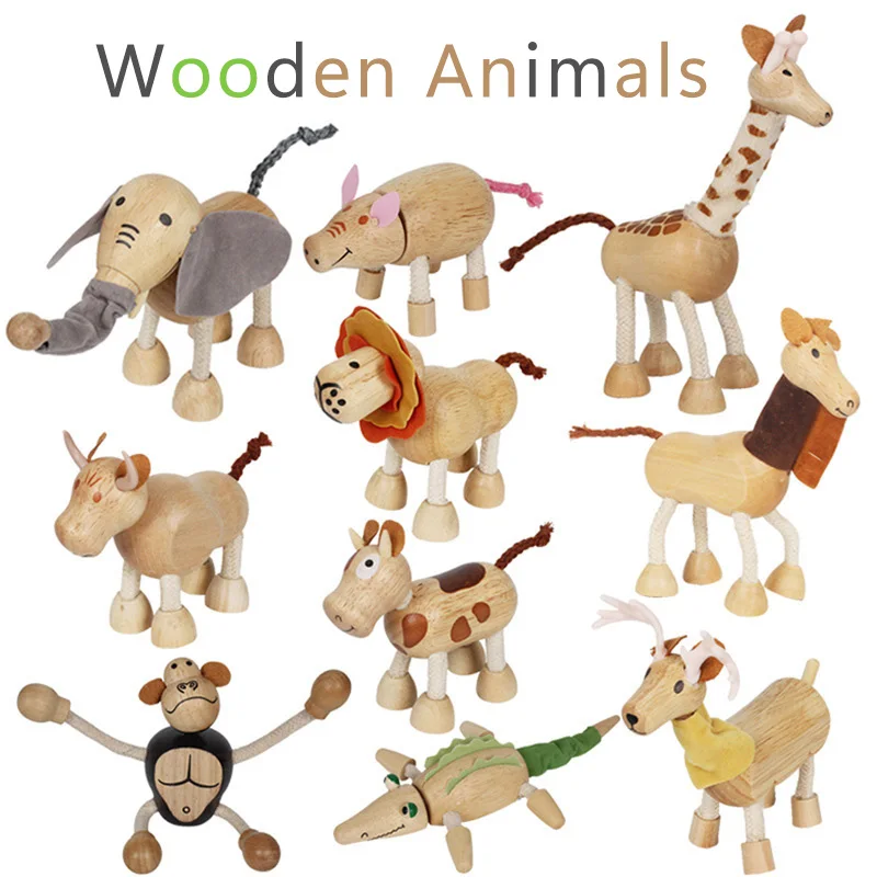 Wooden Action Toy Figures Simulation Animal Movable Joint Model Doll Elephant Monkey Giraffe Lion Educational Toys For Children