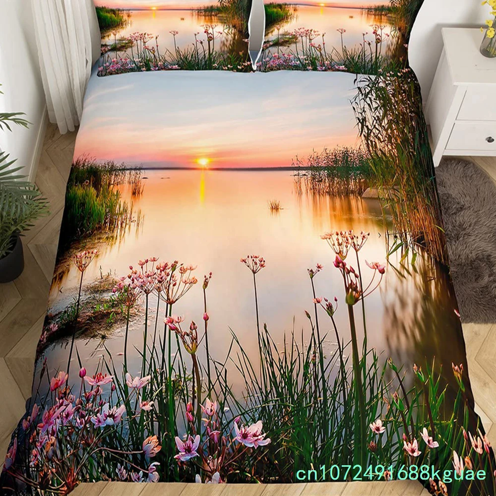 Nature Landscape Duvet Cover Sunset Comforter Cover Lake Landscape Bedding Set Polyester Spring Flower Bedspread Cover King Size