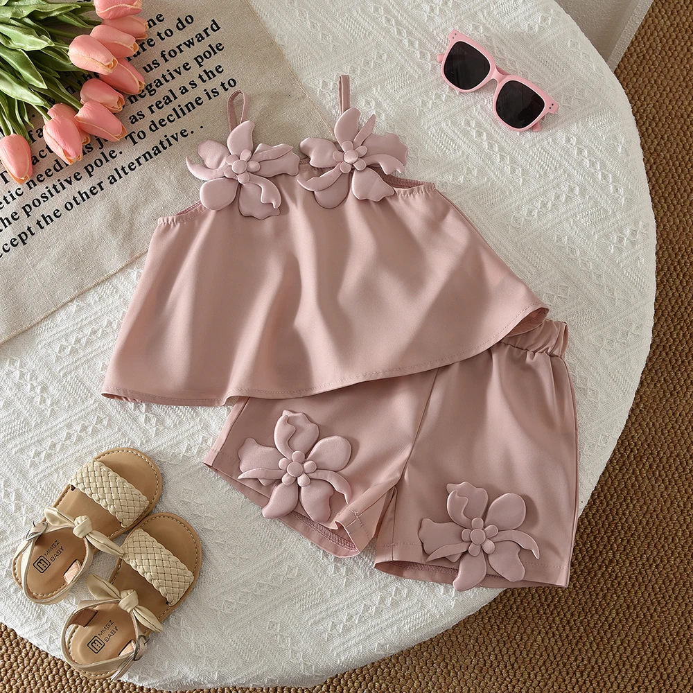Summer Fashion New Baby Clothing Pink Sleeveless Girl Outfits Sweet Pink 3D Flower Children's Top and Bottom Clothes Set