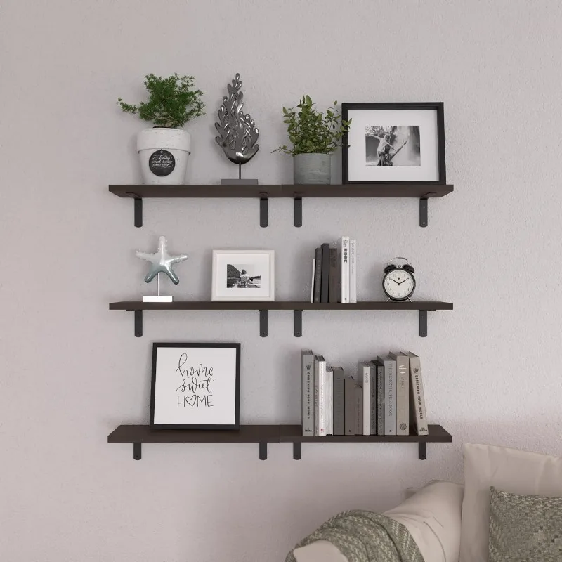 

home.Floating Shelves Set of 6, Wood Wall Mounted, Rustic Farmhouse Shelf for Decor, Bathroom, Book Shelves for Living