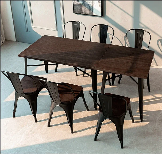 Restaurant High quality Furniture Industrial Vintage Style Loft Iron Wooden Dining Table For Fast Food Restaurant Sets