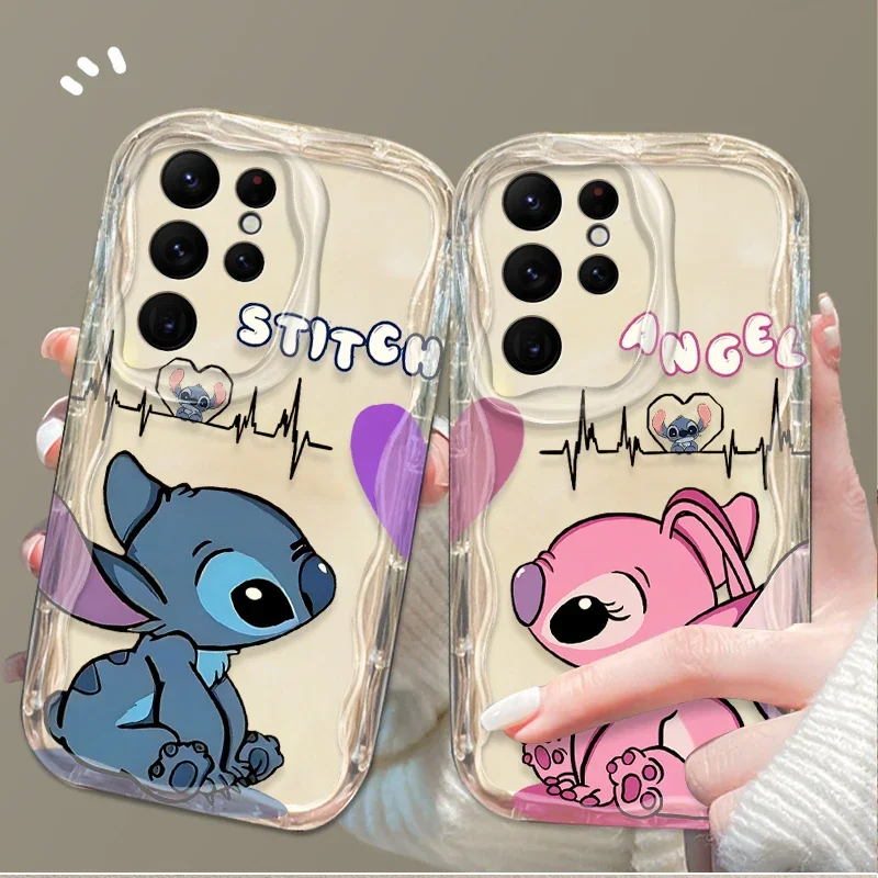 Disney Couple Angel Stitch Wave Case For Samsung Galaxy S24 Ultra S23 S22 Plus S21 S20 FE A25 A55 A35 A15 A05 A05S Soft Cover