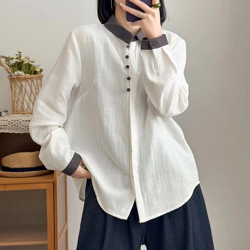 

Spring Autumn Casual Fashionable Versatile Tops Women Clothing Turn Down Collar Long Sleeved Female Cotton Shirts & Blouses U006