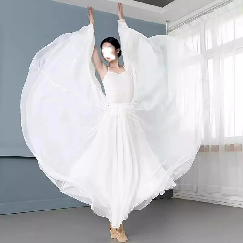Pure White Chiffon Skirt 720 Degree Flounce Classical Dance Skirt High Waist A-Line Midi Skirt for Women Polyester Fiber