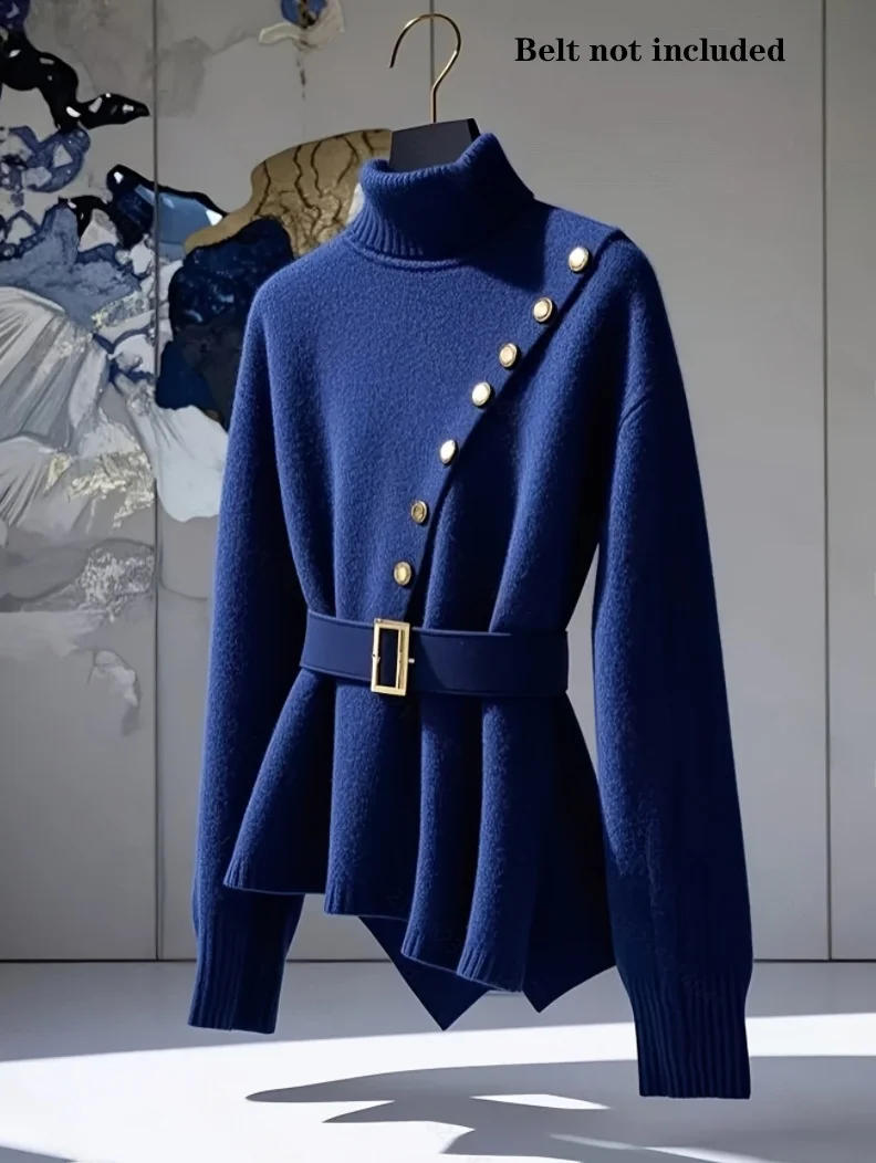 

Ele Pure Color Women's Knitwear with Button Long Sve Turn-down Collar Sweater for Autumn Winter Faion Commute Sle