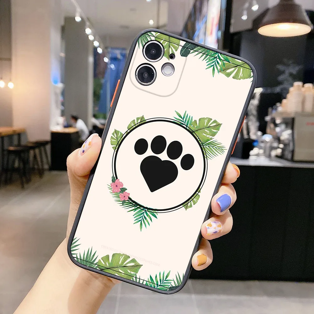 Matte Phone Case for iphone 14 15 Pro XS Max 13 8 7 6S Plus 12 11 XR X SE Cute Black Dog Paw Print Translucent Case Funda Shell