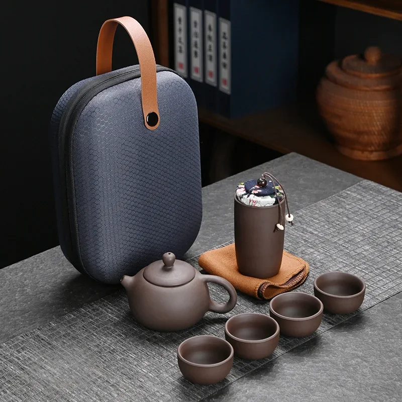 

Portable Chinese Travel Tea Set, Teapot Clay Set, Tea Ceremony, Camping, 4 Cups, Zi Shi, Ke Cup, Tea Pot Set