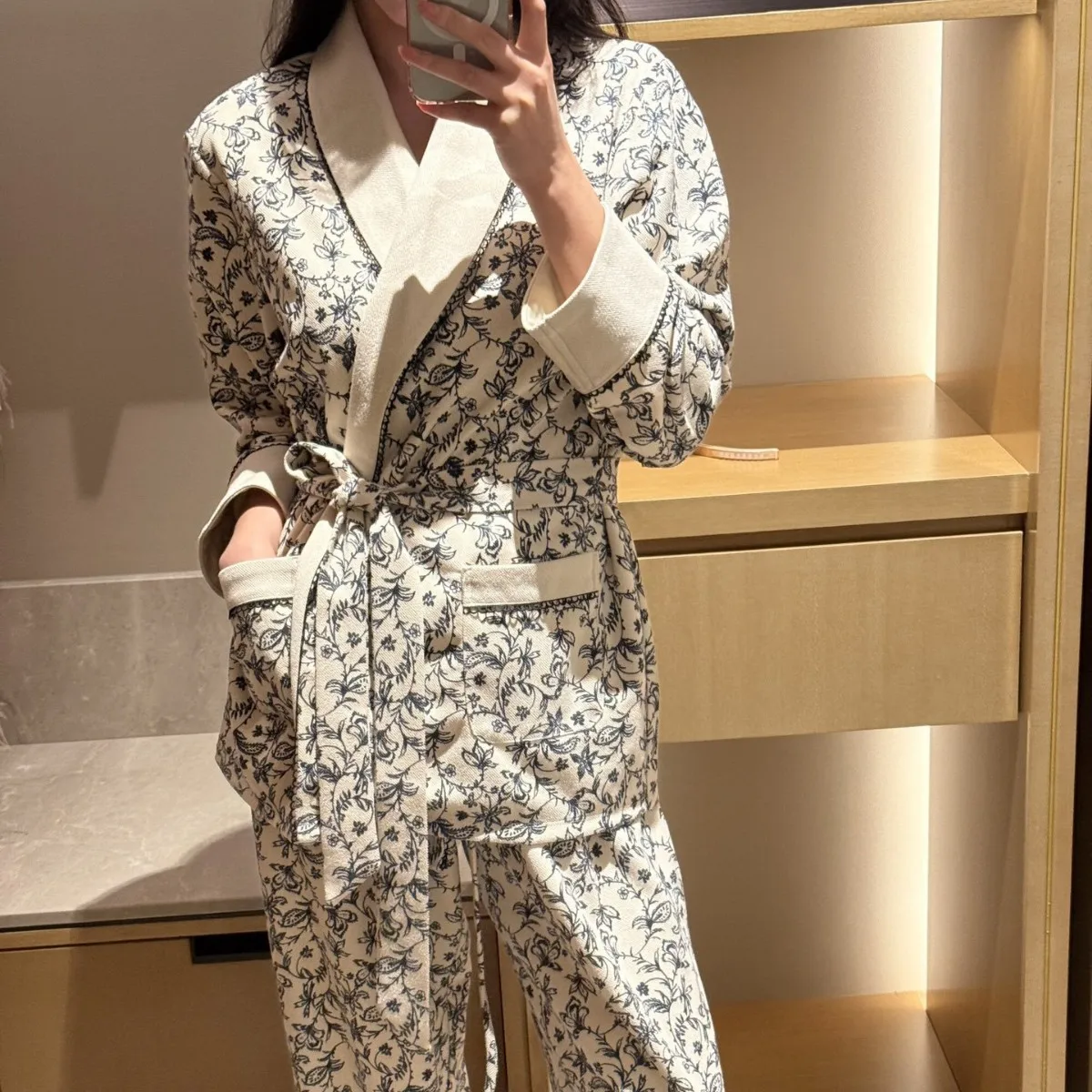 

Twill court style long-sleeved trousers thin velvet thermal loungewear set