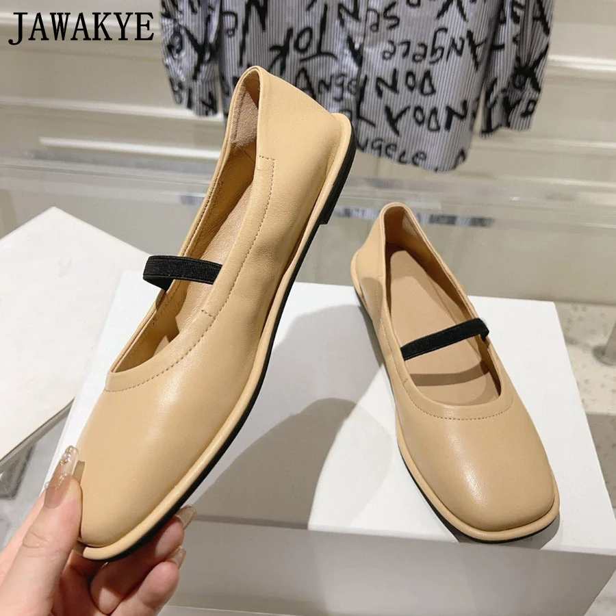 

Designer New Leather Flat Shoes Women Square Toe Elastic Band Mary Janes Comfort Driving Shoes Ladies Lazy Loafers