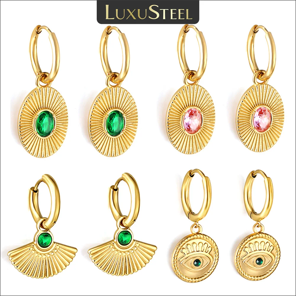 Luxus Stahl Edelstahl grün rosa Zirkon Stein Creolen für Frauen geometrische ovale Münze Fan Augen form Vintage Huggie Tropfen Ohrringe