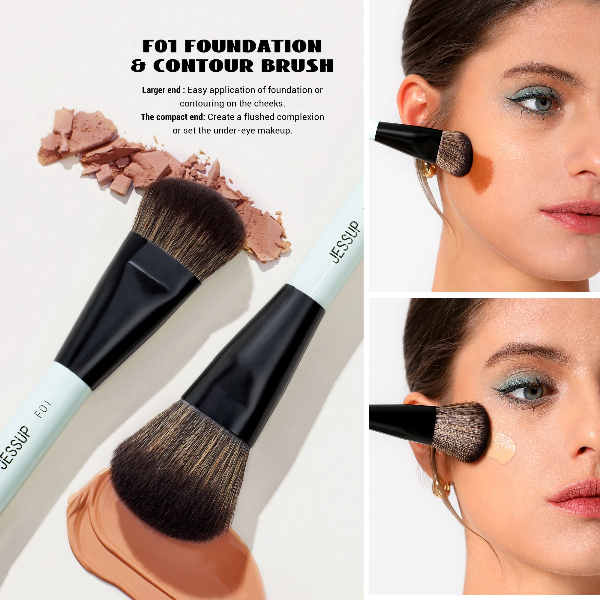 Jessup Gesichts-Make-up-Pinsel-Set, 2/3/5 Stück, doppelseitiger Make-up-Pinsel, Foundation-Kontur-Concealer, tierversuchsfrei, helles Cyan T503
