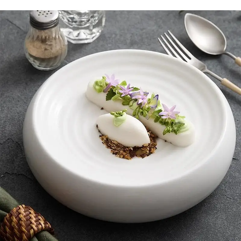 Threaded Ceramic Insulation Plate Pure White Dessert Snack Sushi Plates Restaurant Specialty Tableware