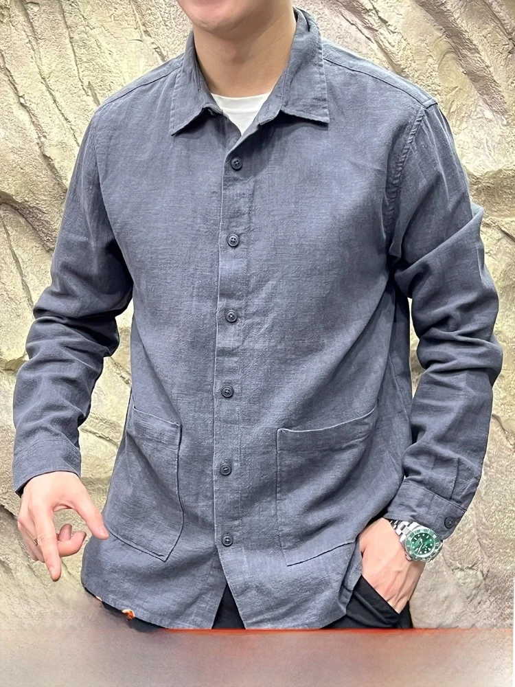 

Высококачественная льняная ткань с длинным воротником Sve irt, однотонная, приятная для кожи, дышащая, удобная для осени, мужская одежда...