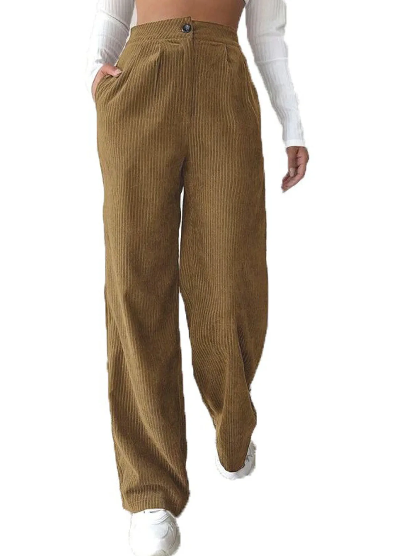 กางเกงคอร์ดดูรอยผู้หญิง ฤดูใบไม้ร่วง-ฤดูหนาว 2025 - กางเกงขายาวทรงตรงเอวสูง สไตล์ลำลอง ไซส์ยุโรปและอเมริกา