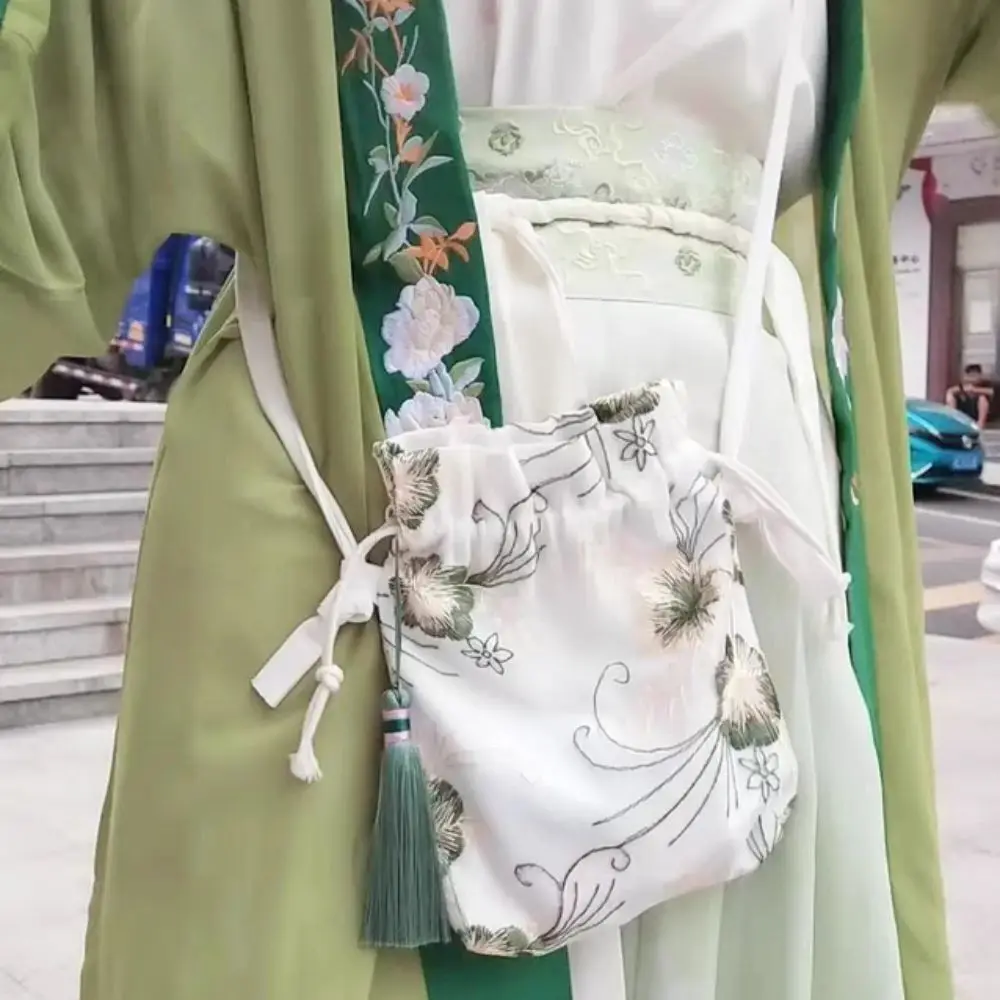 Canvas Hanfu Handbag High Quality Tassel Flower Phone Bag Chinese Style Embroidered Flower Drawstring Bag