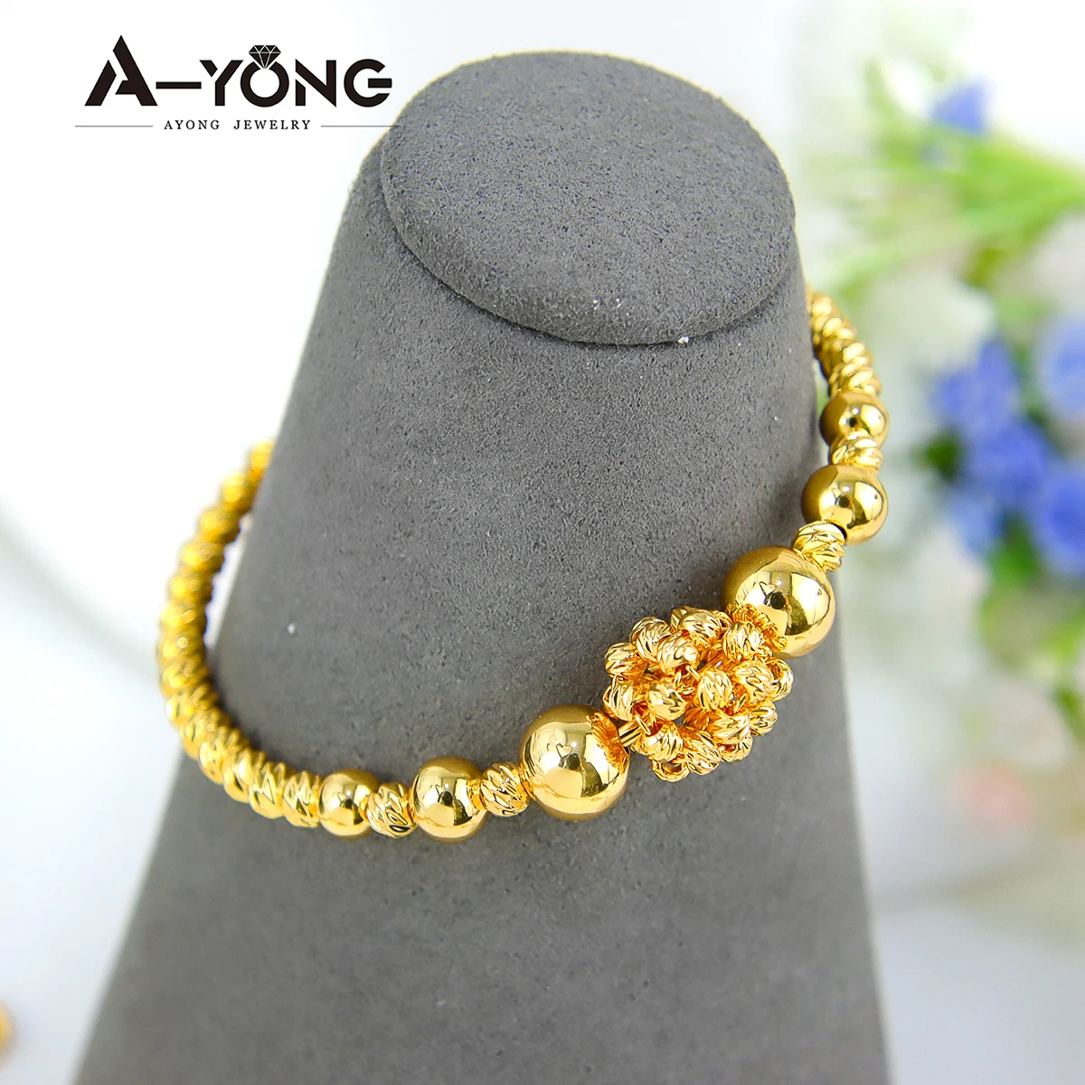 Elegant Gold Bracelet 21k Gold Plated Bead Cuff Bangle Dubai Muslim Islamic Festival Wedding Jewelry Gift