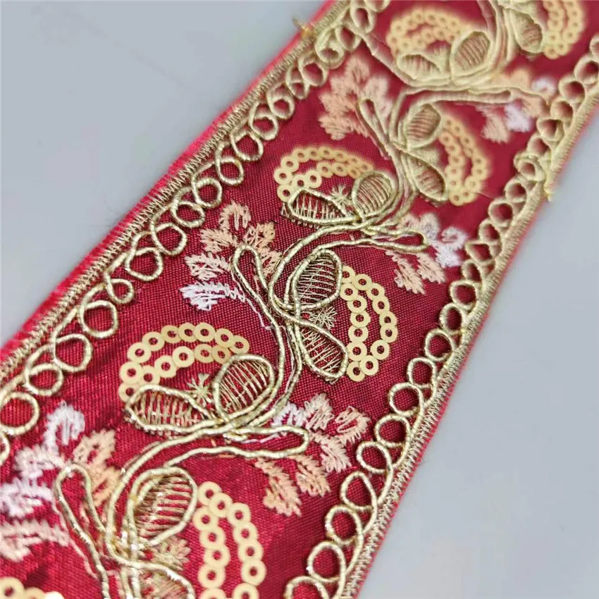 5.5cm Gold Thread Embroidered Gold Squins Lace Red Base Fabric Sewing lace triming