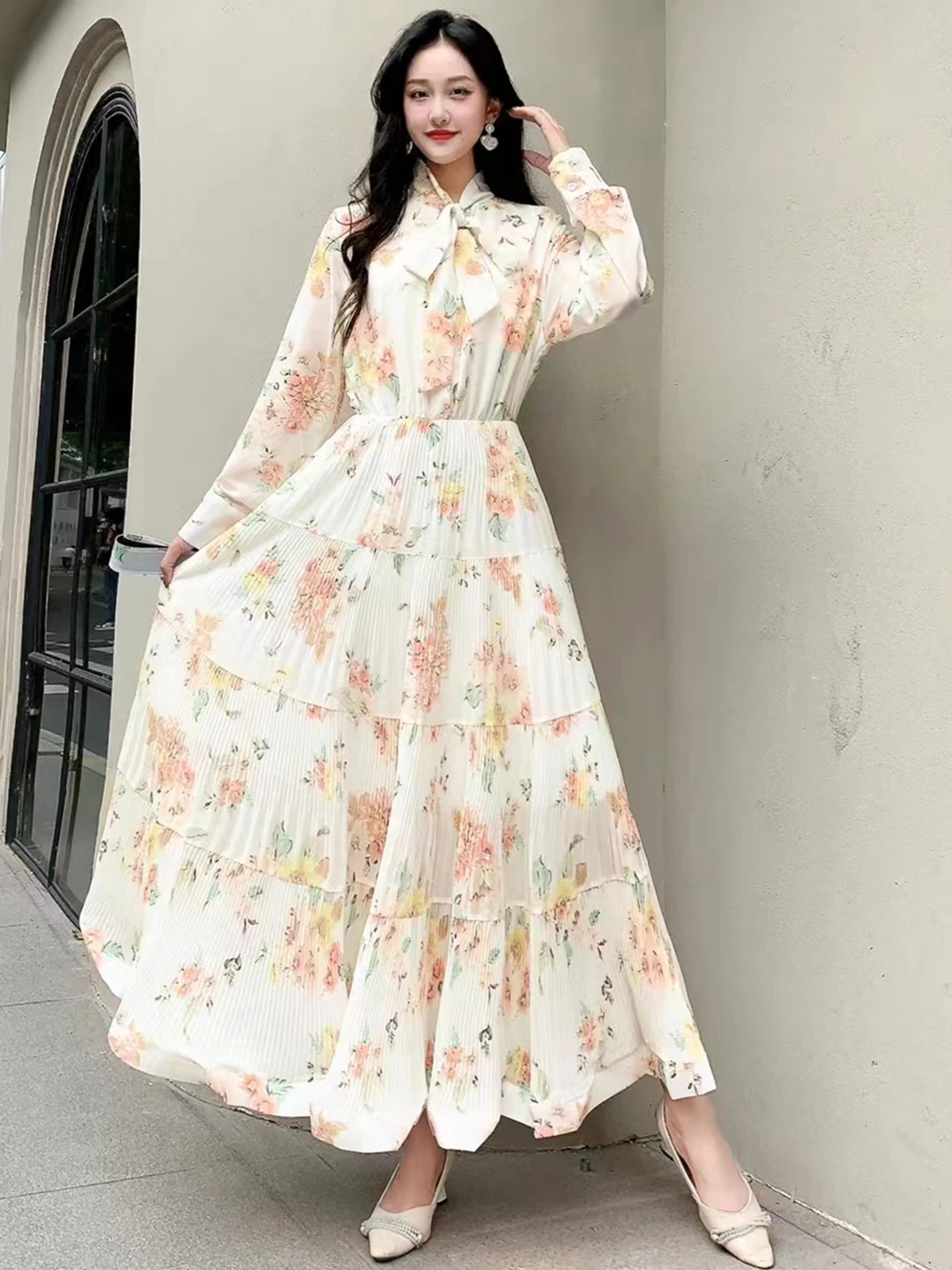 2024 New Spring Autumn Women Bow Collar Long Sleeve Belt Slim Long Dress Sweet Pleated Ruffles Big Hem Chiffon Floral Dress