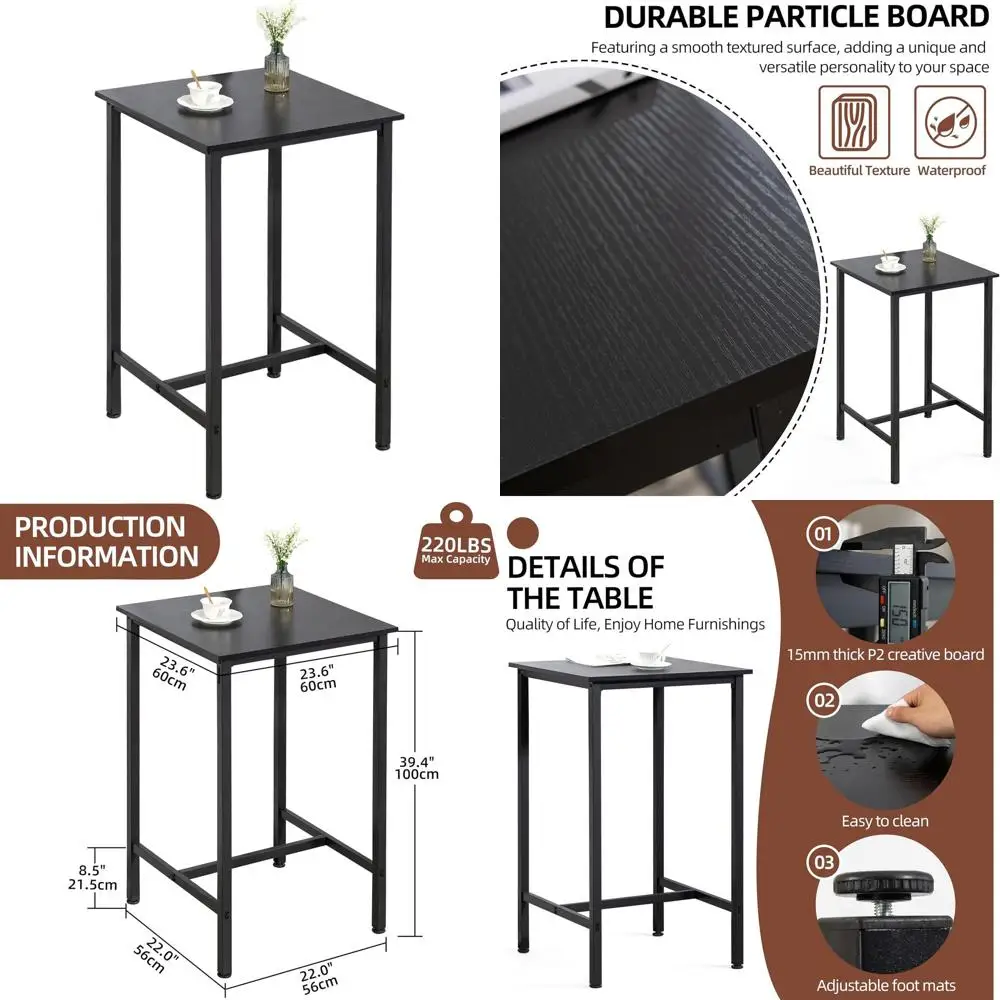 

23.6 Square High-Top Pub Table, Rustic Black, Perfect for Kitchen or Living Room