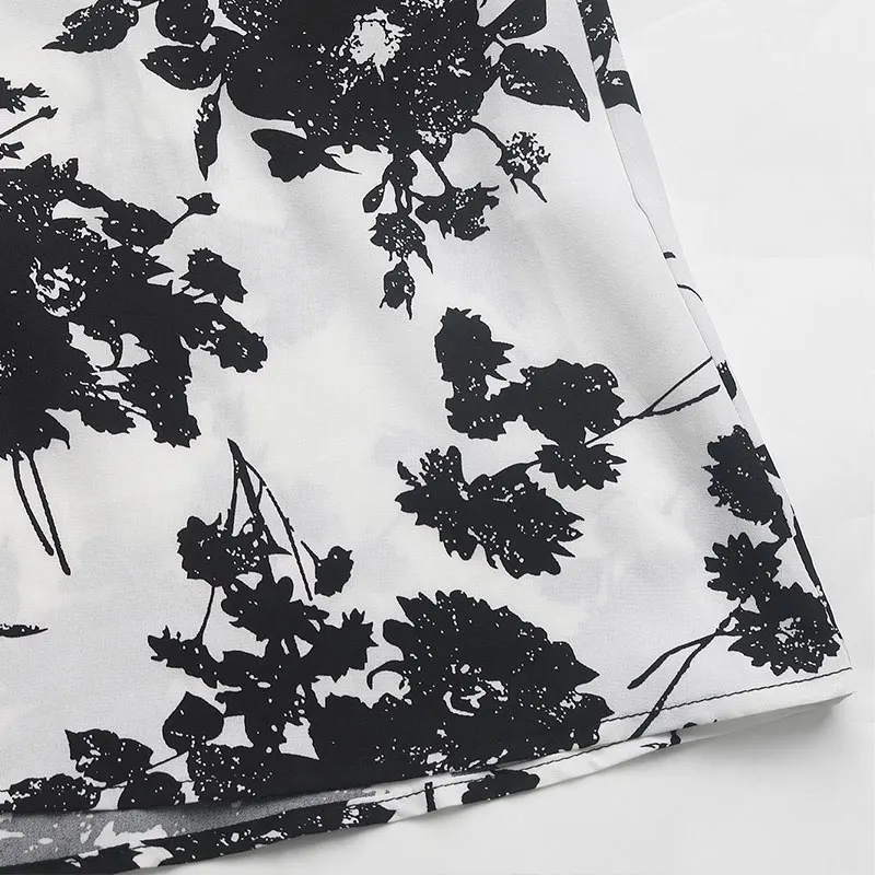 Vestido midi recortado con cuello halter y estampado floral blanco y negro para mujer, vacaciones de verano, fiesta informal, moda ajustada