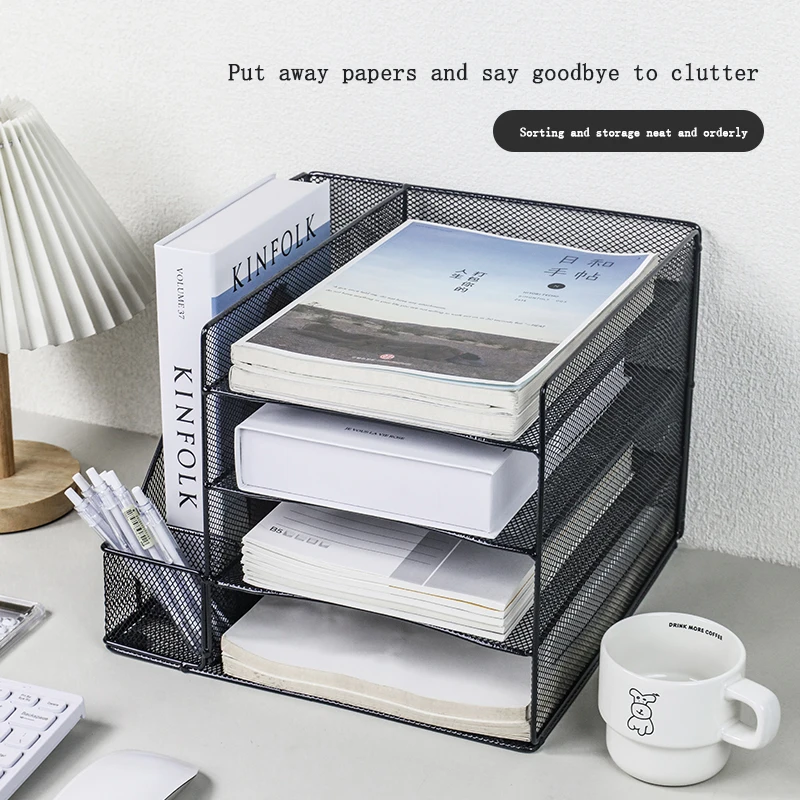 Paper letter tray storage box with bookend, 4-layer desktop accessories and work space storage box, desk storage